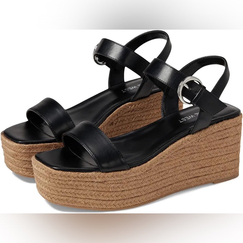 Nine West Noan 3, Black Platform Wedges, 8.5 Like New, adjustable ankle strap